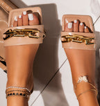 Plush Fashion Hub women's casual flat-bottom chain sandals and slippers with cross strap design, beige color, on a neutral background.