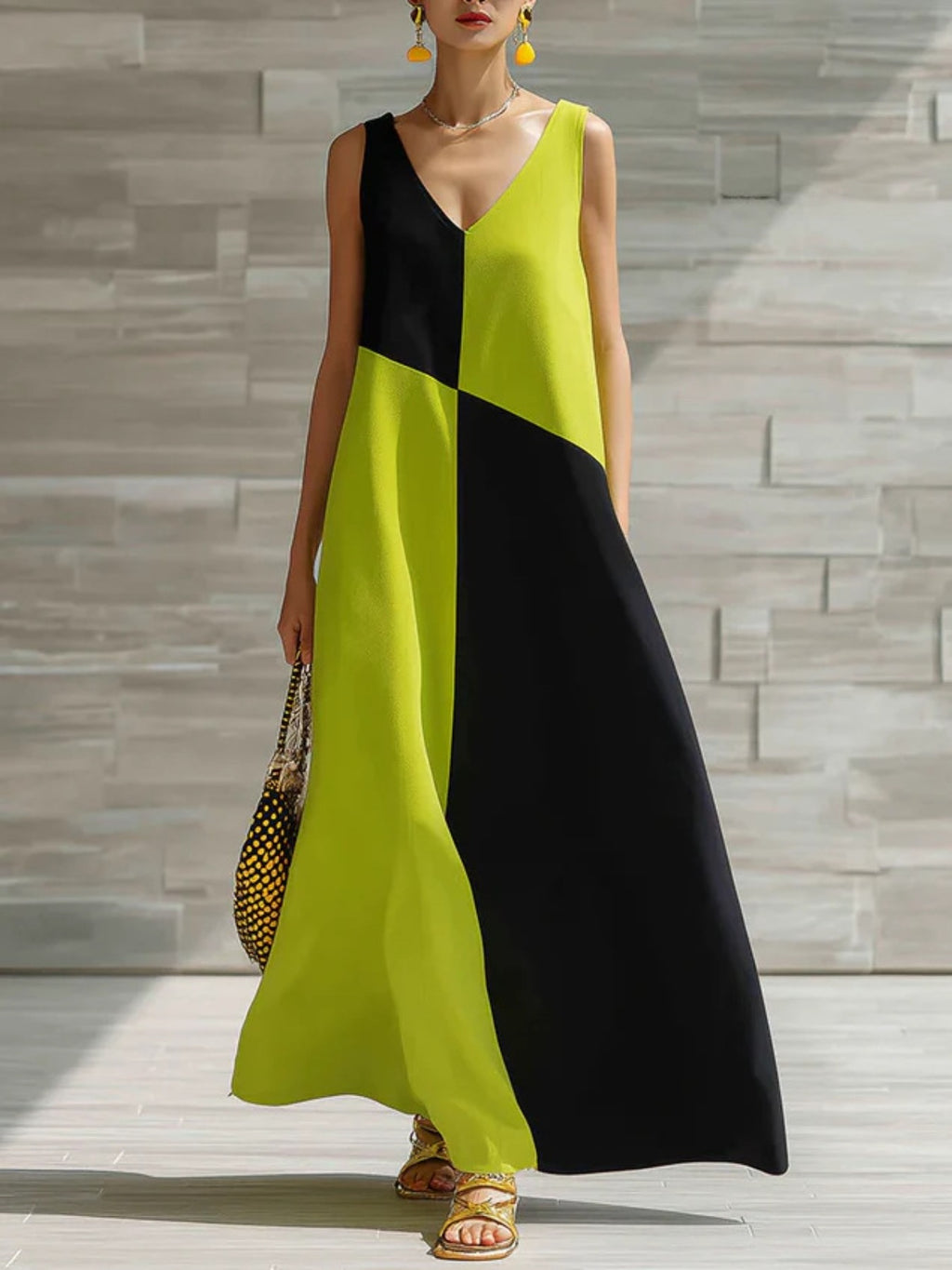 Women's color block sleeveless maxi dress by Trendsi featuring lightweight summer fabric and a stylish, modern design.