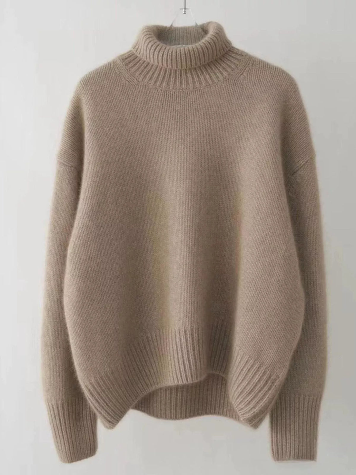 Simply Love turtleneck dropped shoulder sweater in cozy knit, featuring a high neckline and relaxed fit, styled on a model.