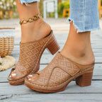 Women's chic peep toe block heel sandals by Trendsi, featuring a comfortable mid-heel design and stylish dress shoe style.