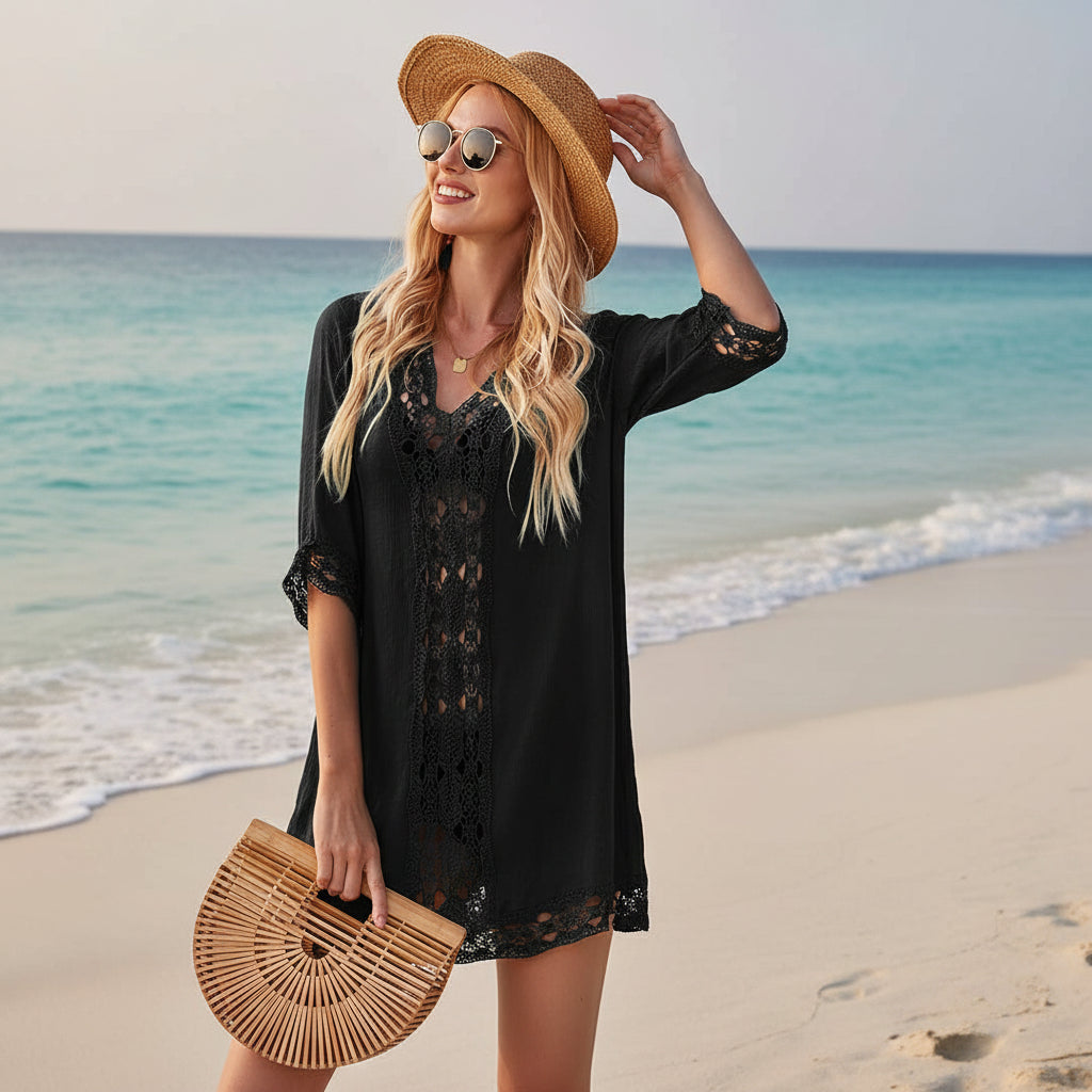 FitiqueFit resort beach tunic dress with patchwork design, lightweight cover-up perfect for summer beach outings.