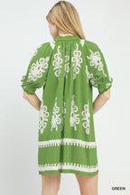 Women's two-tone border print flowy mini dress by Plush Fashion Hub, featuring a casual summer boho style with a relaxed fit.