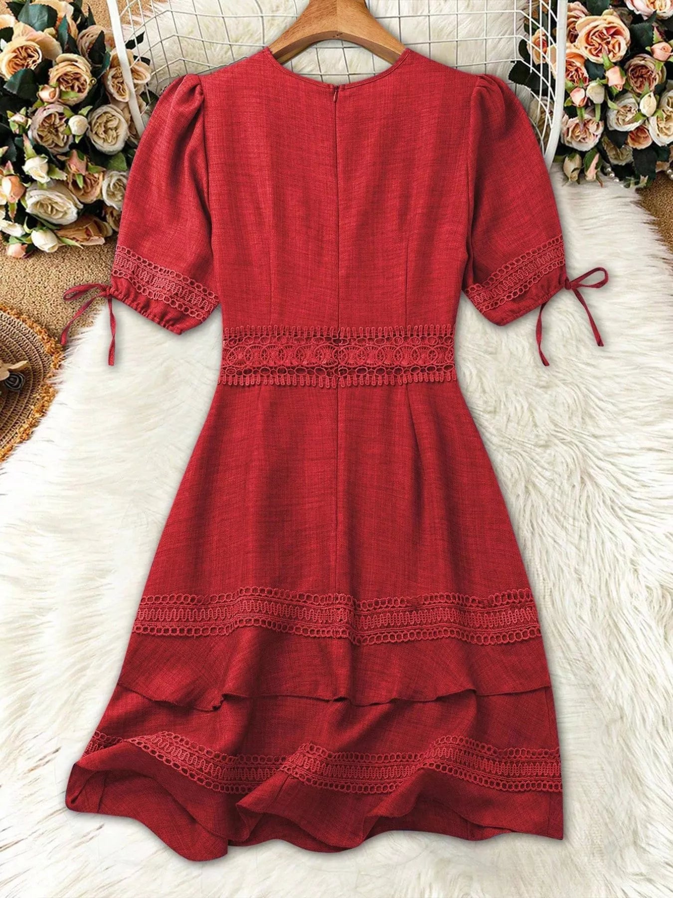Shopimist lace detail v-neck mini dress with elegant design and flowing fabric, perfect for stylish occasions.