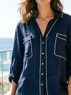 Shopimist contrast trim button-up long sleeve shirt featuring a classic collar and stylish design.