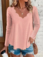 Elegant women's eyelet long sleeve blouse from Plush Fashion Hub, featuring stretchy fabric and stylish office-appropriate design.