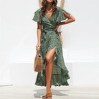 Women’s summer floral high-waist chiffon dress with V-neck, lightweight and flowy, ideal for warm weather and casual occasions.