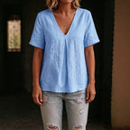 Women's pleated cotton-linen short-sleeve shirt by FitiqueFit in five colors, featuring a relaxed fit and stylish pleats.