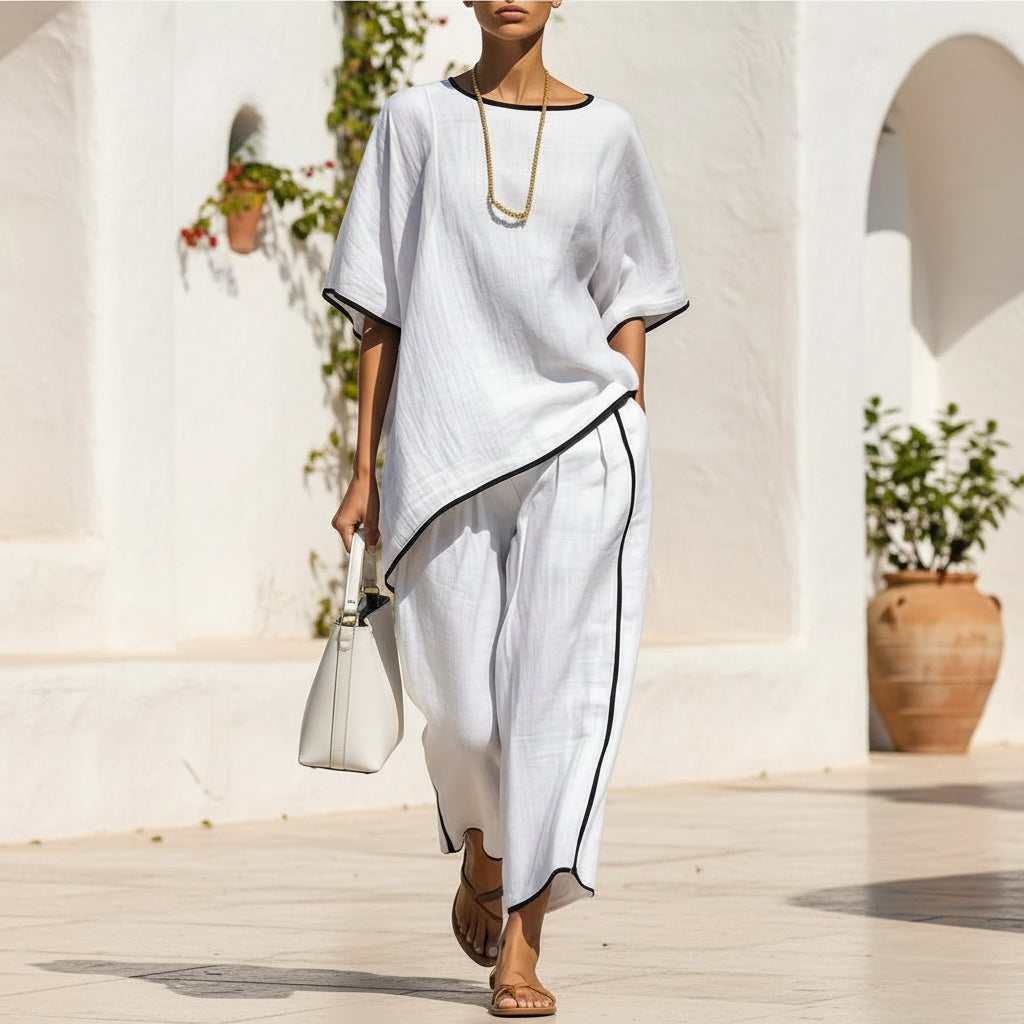 Women’s casual resort loose short-sleeve top and pants set by Plush Fashion Hub, featuring comfortable, stylish casualwear for warm weather.
