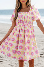 Floral square neck puff sleeve cotton midi dress with pleated flared skirt from Plush Fashion Hub, featuring a stylish and feminine design.