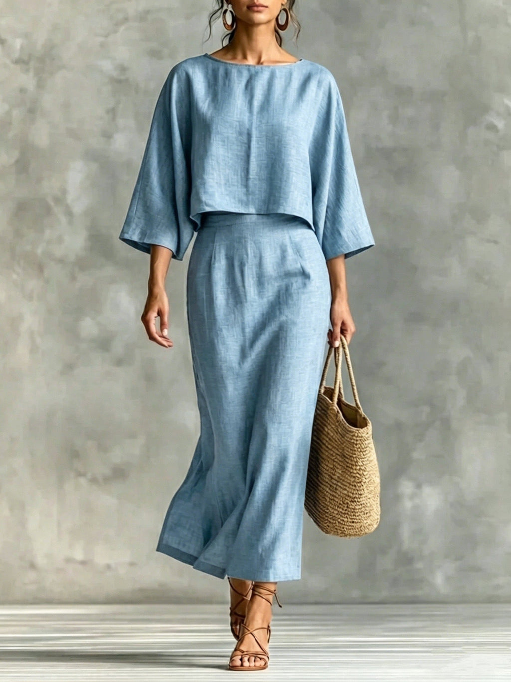 Casualwear set with a high waist long skirt and 3/4 sleeve loose top by Plush Fashion Hub, displayed on a mannequin.