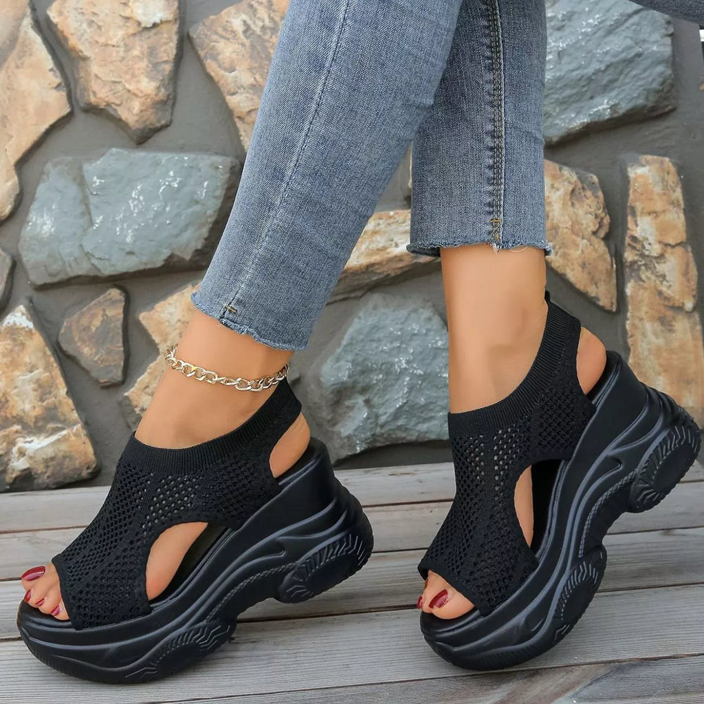 Open toe wedge sandals by Shopimist featuring tan straps and cork wedge heel, perfect for casual summer wear.