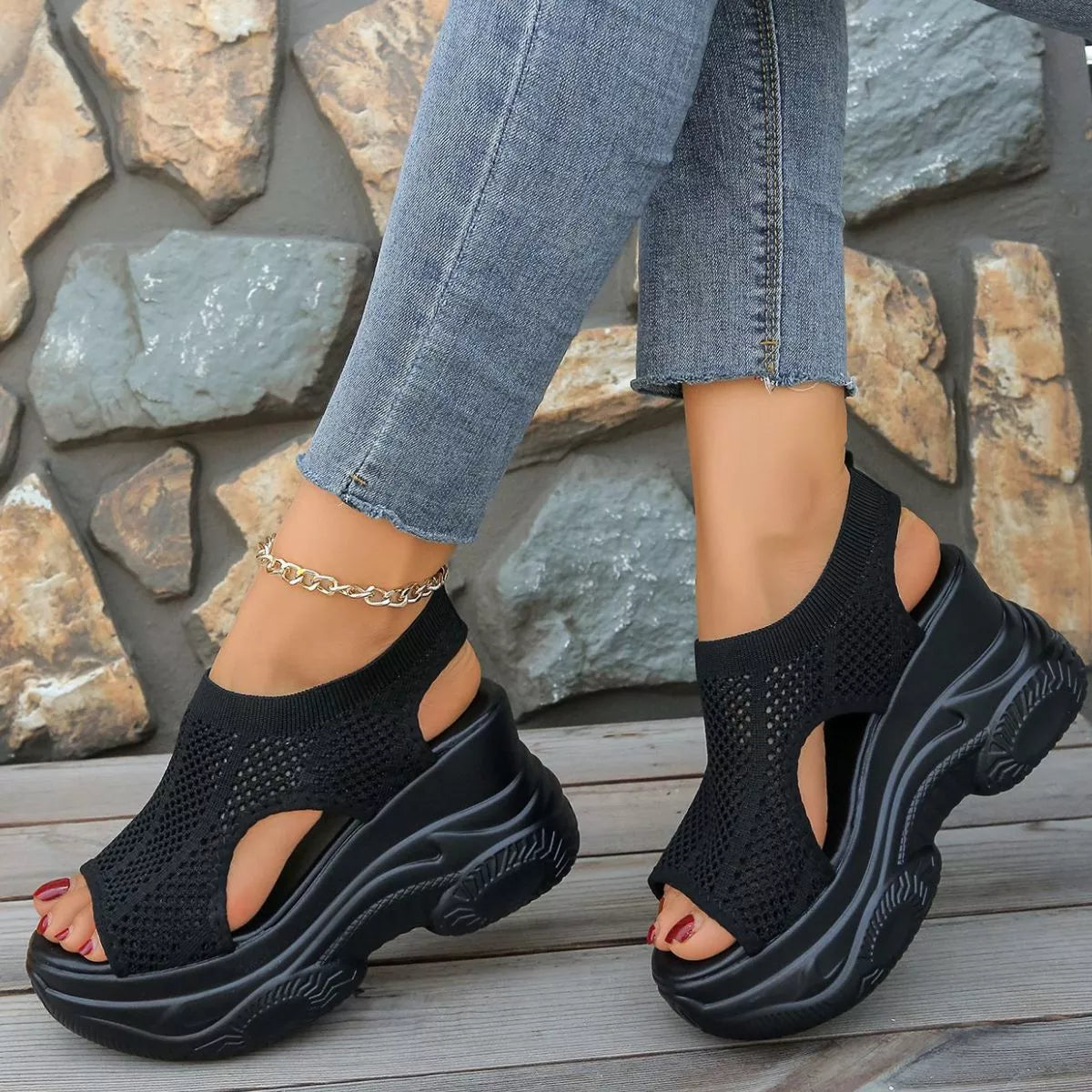 Open toe wedge sandals by Shopimist featuring tan straps and cork wedge heel, perfect for casual summer wear.