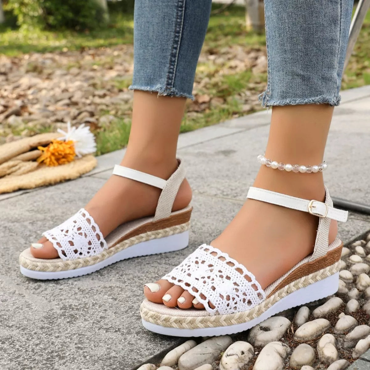 Women's crochet espadrille platform sandals with mid-heel and summer style, featuring woven upper and jute sole.