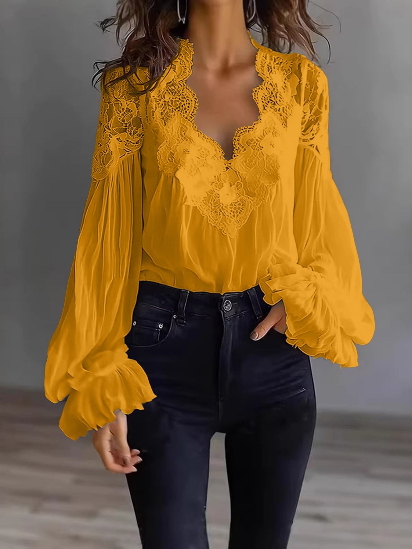 Lace-panel puff sleeve pleated ruffle ballet-style top by Plush Fashion Hub, featuring lace details and delicate ruffle accents.