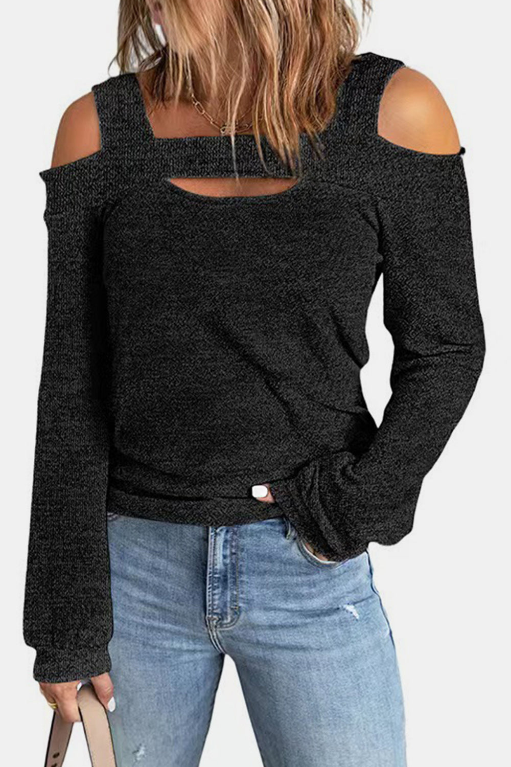 Women's elegant cold shoulder blouse with cutout details, casual polyester top by Trendsi, perfect for chic, relaxed looks.