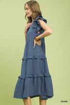 Textured Umgee ruffle sleeve tiered midi dress with flowy fabric and layered skirt, ideal for casual or summer wear.
