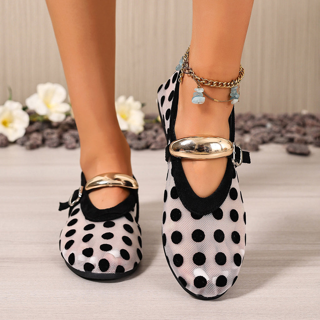 Women's polka dot mesh slip-on flats by Trendsi, lightweight casual walking shoes with breathable mesh and stylish polka dot pattern.