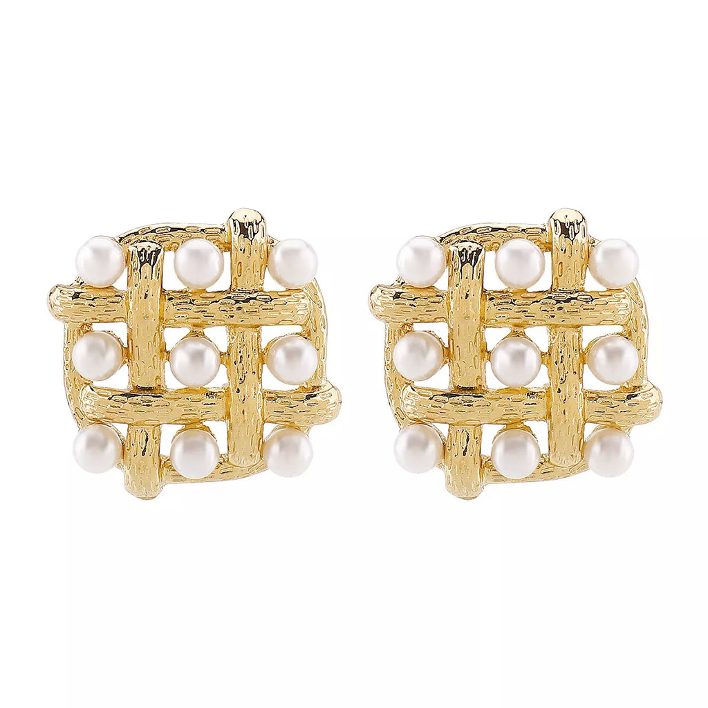 Pearl Grid Square Stud Earrings by Shopimist featuring elegant pearl accents on geometric square studs.