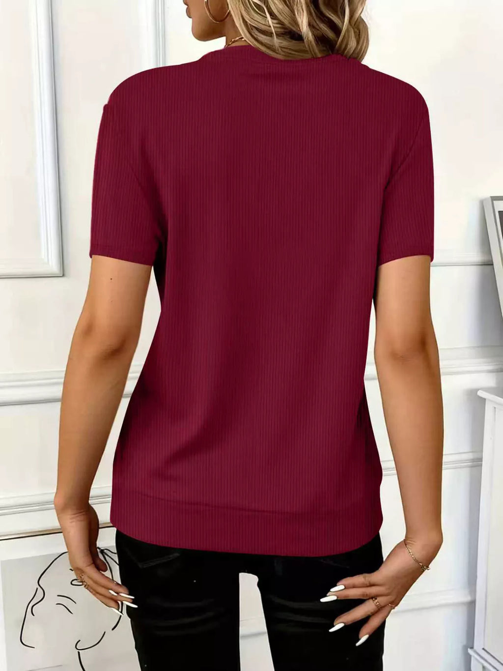 Women's ribbed short sleeve casual top by Trendsi featuring a half-zip front and soft stretch fabric.