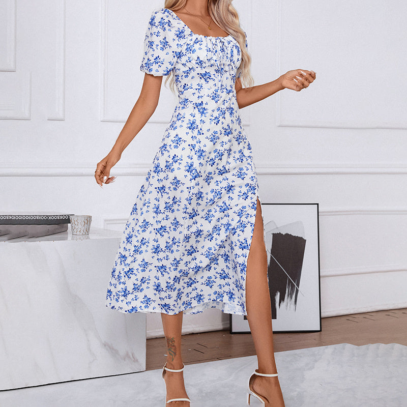 FitiqueFit square neck floral print casual maxi dress with puff sleeves and side slit, perfect for summer or casual occasions.