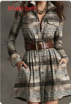 Women's elegant plaid long sleeve mini dress by FitiqueFit, featuring a belted waist and casual style.