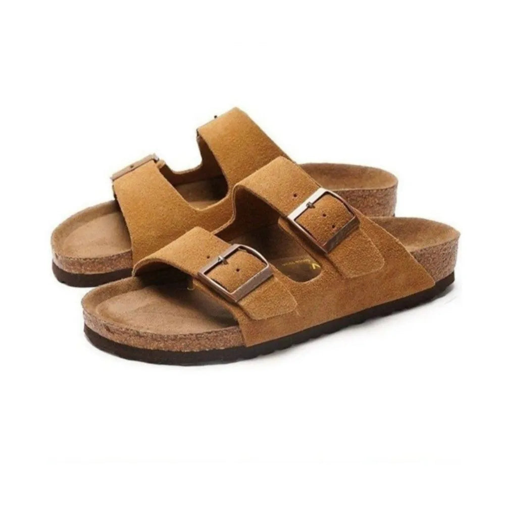 Shopimist double buckle open toe sandals with stylish straps and comfortable flat sole, perfect for casual summer wear.
