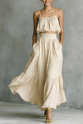 Women’s two-piece flared skirt set by FitiqueFit featuring high-waist design and elegant casualwear style.