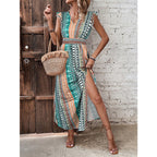 Women's boho geometric print puff sleeve A-line maxi dress by FitiqueFit in three colors, featuring a flowing silhouette and stylish design.