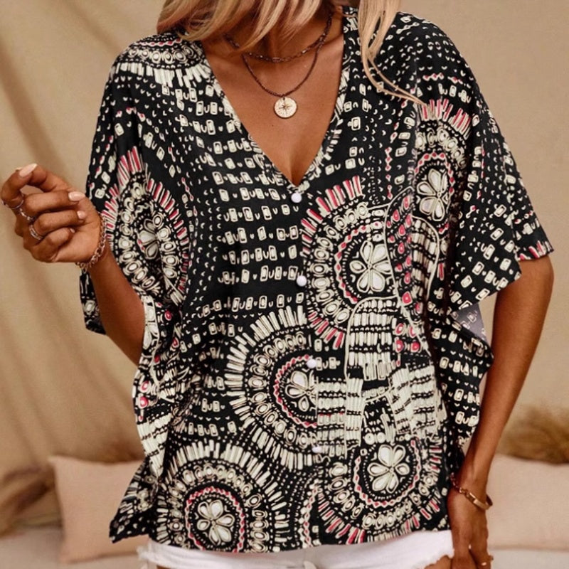 Mandala print V-neck blouse by FitiqueFit, casual vacation top with vibrant pattern, lightweight fabric, and relaxed fit.