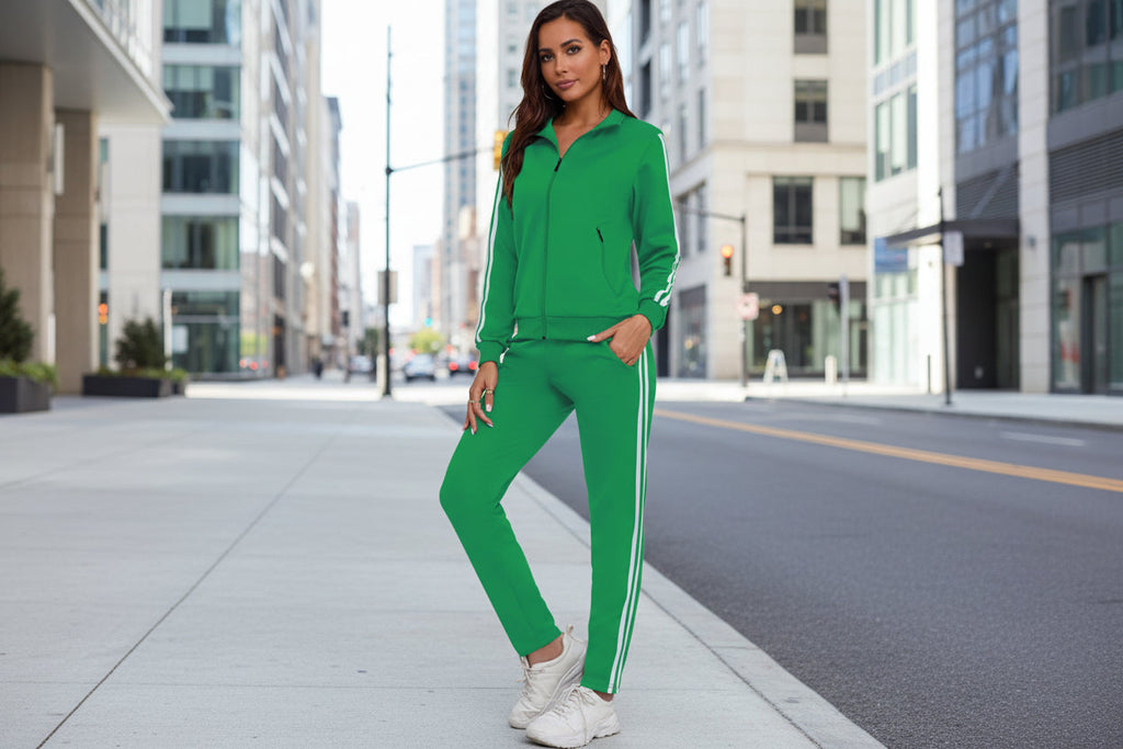 Women’s printed sports hoodie set by FitiqueFit, featuring a long-sleeve activewear top and matching leggings in vibrant print.