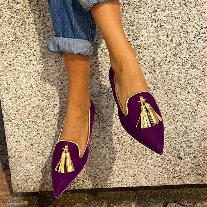 Women's suede pointed toe tassel flats by Plush Fashion Hub featuring a shallow mouth and low heel for casual wear.