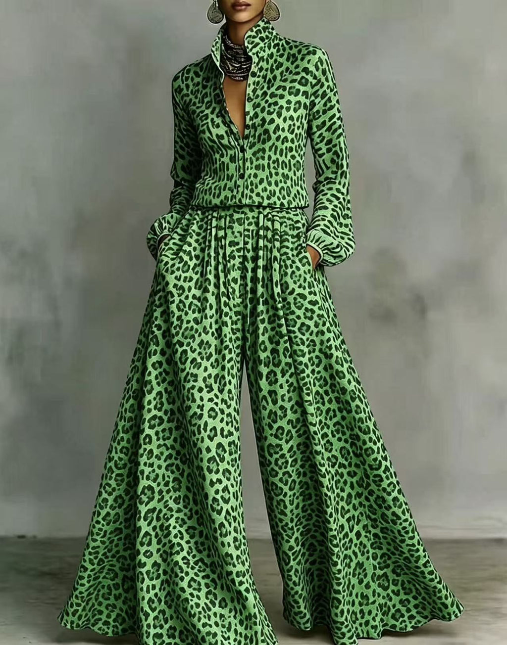 Leopard print wide-leg pants set for women, featuring a casual two-piece outfit from Plush Fashion Hub, styled for relaxed wear.