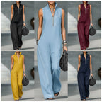 LadyShow women's sleeveless summer jumpsuit with stand-up collar, pockets, casual style, and trousers for comfortable summer fashion.