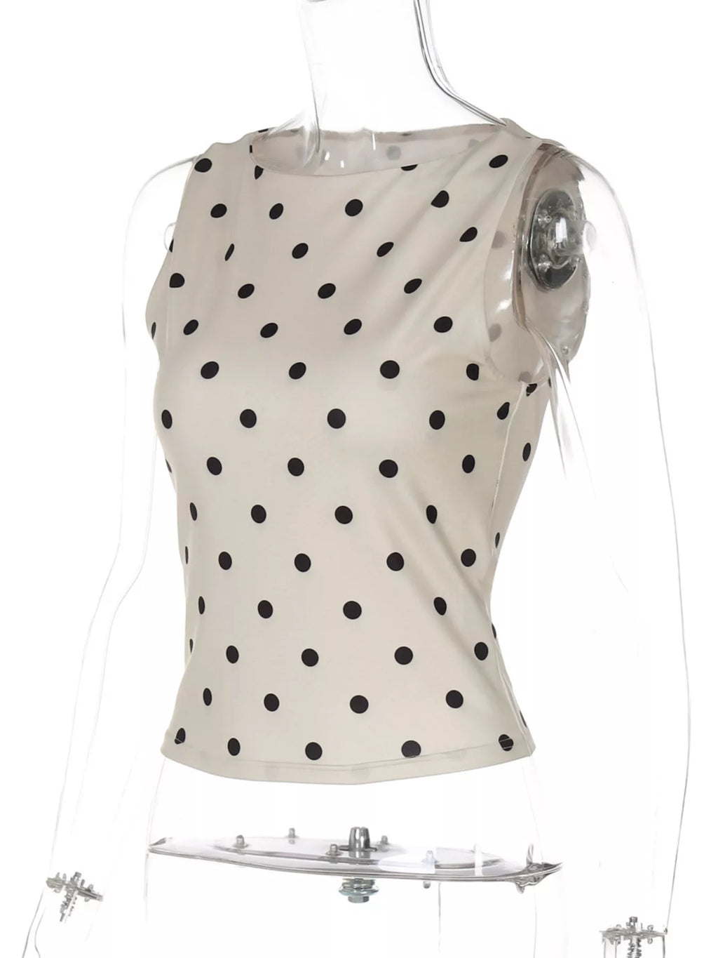 Polka dot tank top by Shopimist featuring a sleeveless design with black and white polka dots, casual summer style.