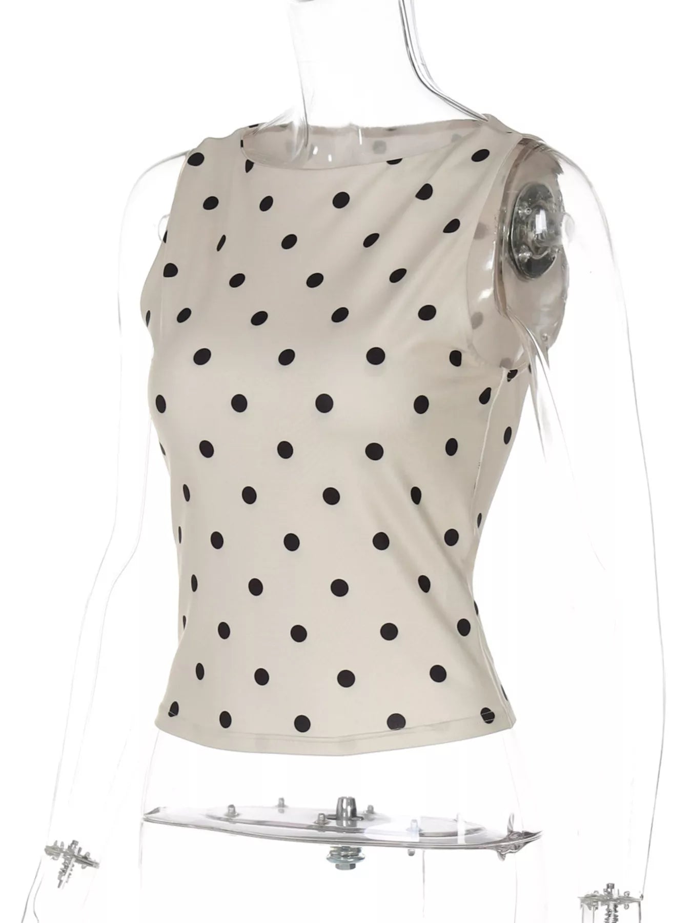 Polka dot tank top by Shopimist featuring a sleeveless design with black and white polka dots, casual summer style.