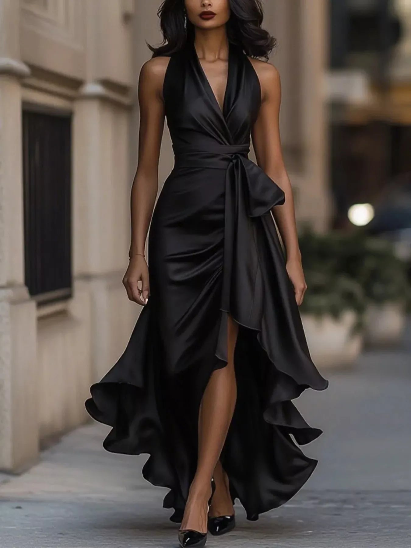 Full size high-low satin maxi dress with ruffles, plus size, by Shopimist, styled with flowing fabric and elegant design.