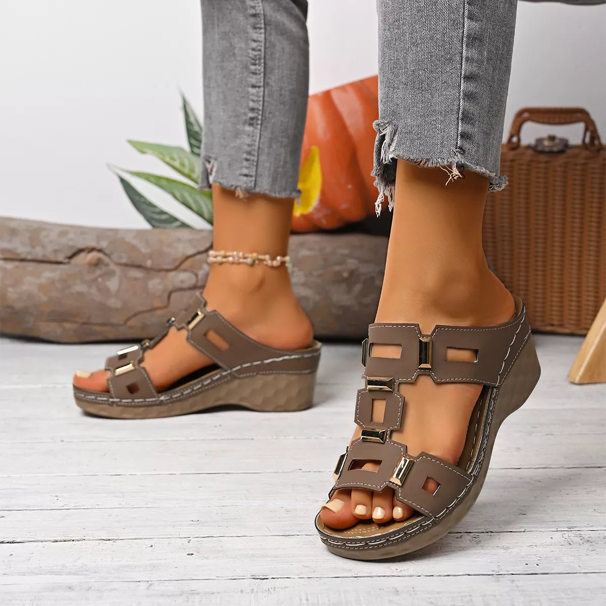 Open toe wedge sandals by Shopimist featuring a stylish design with a comfortable platform and ankle strap.