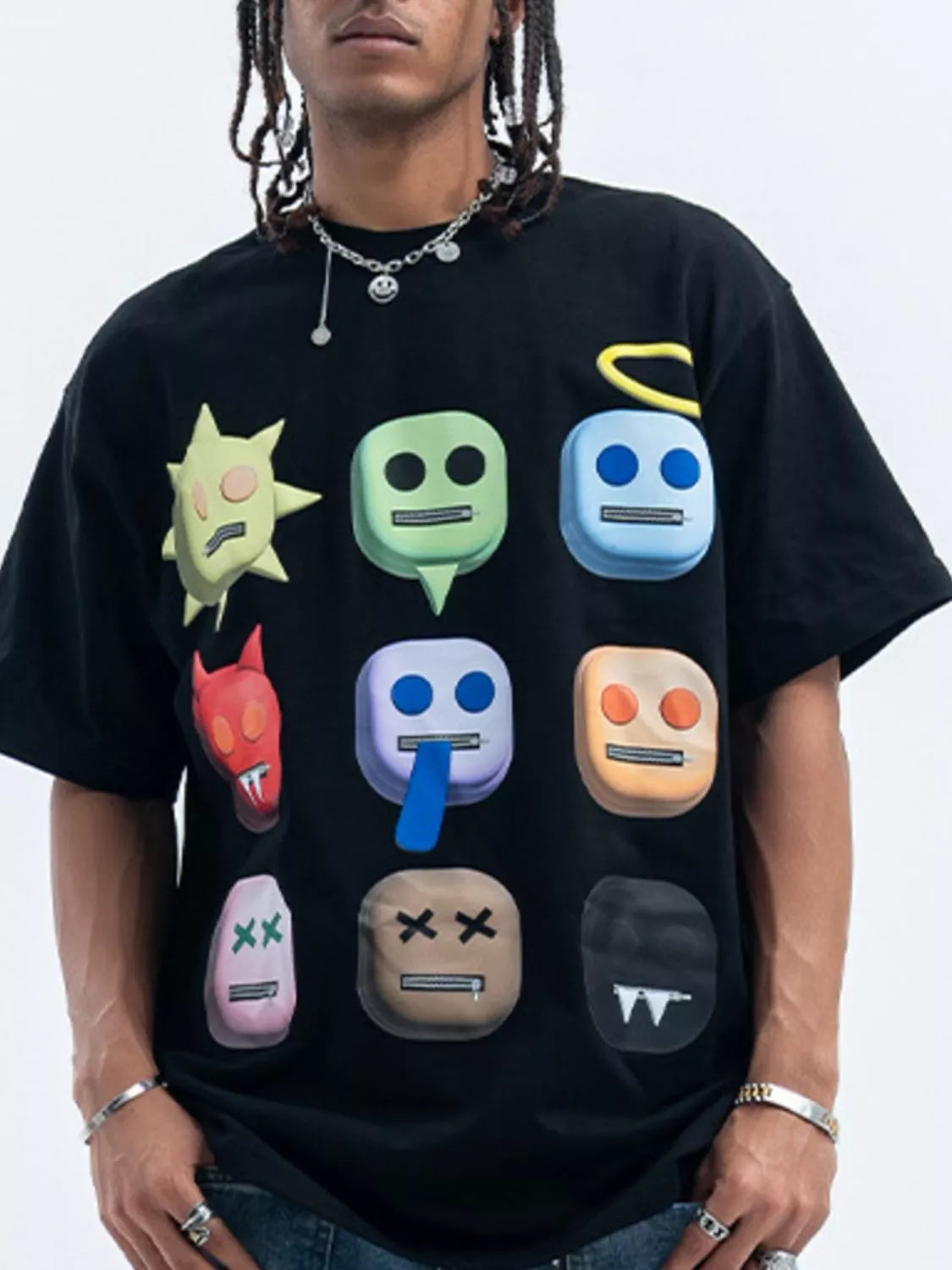 Men's graphic round neck short sleeve T-shirt by Trendsi, featuring a colorful printed design on soft cotton fabric.
