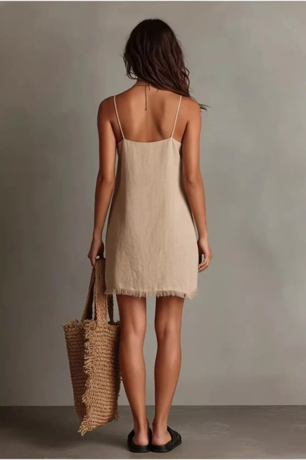 Plus size fringe V-neck cami dress by Plush Fashion Hub featuring a full-length design with stylish fringe details.
