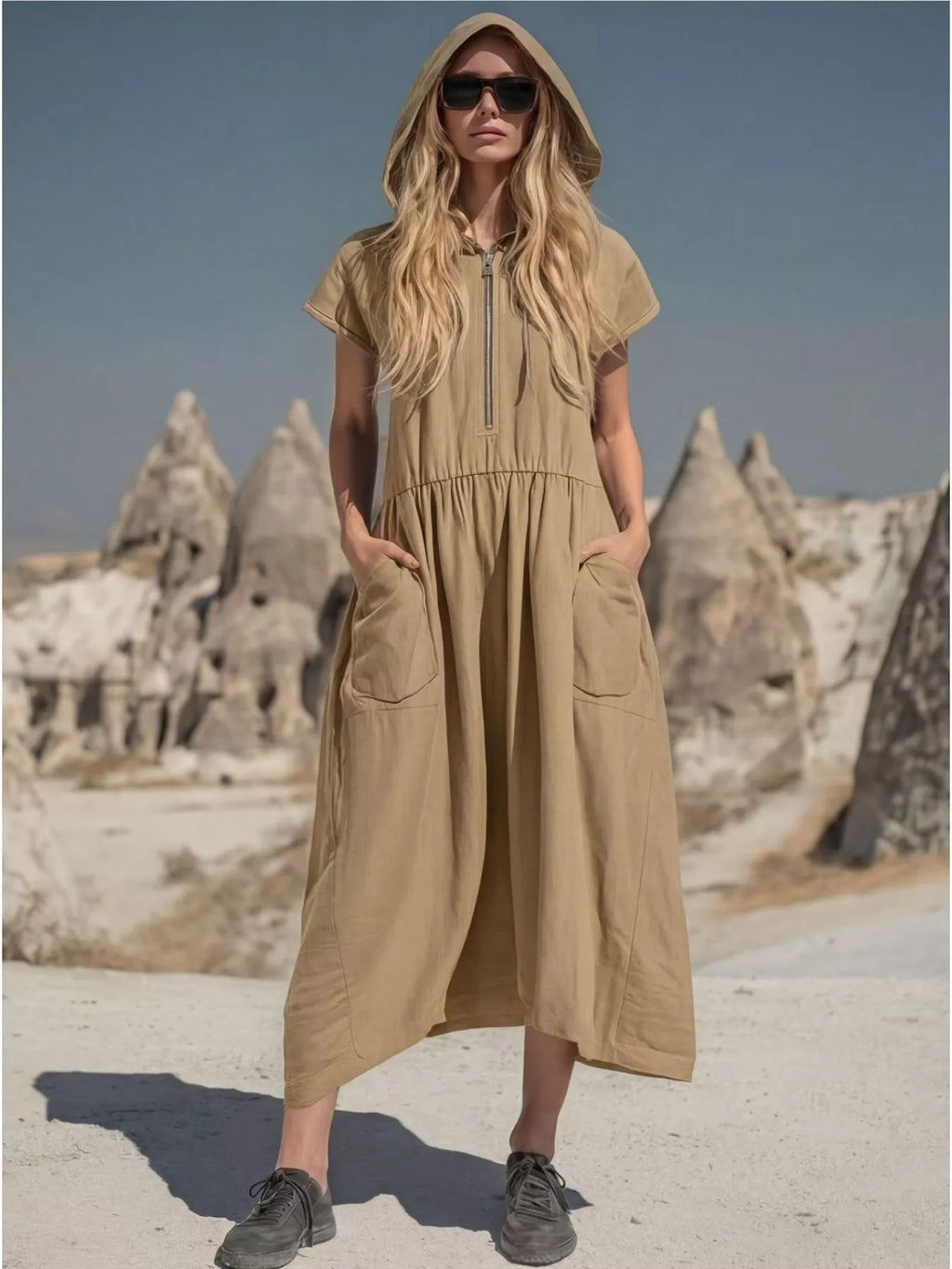 Plus size hooded midi dress with zipper and pockets from Shopimist, featuring a relaxed fit and casual style in the image.