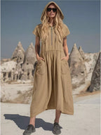 Plus size hooded midi dress with zipper and pockets from Shopimist, featuring a relaxed fit and casual style in the image.