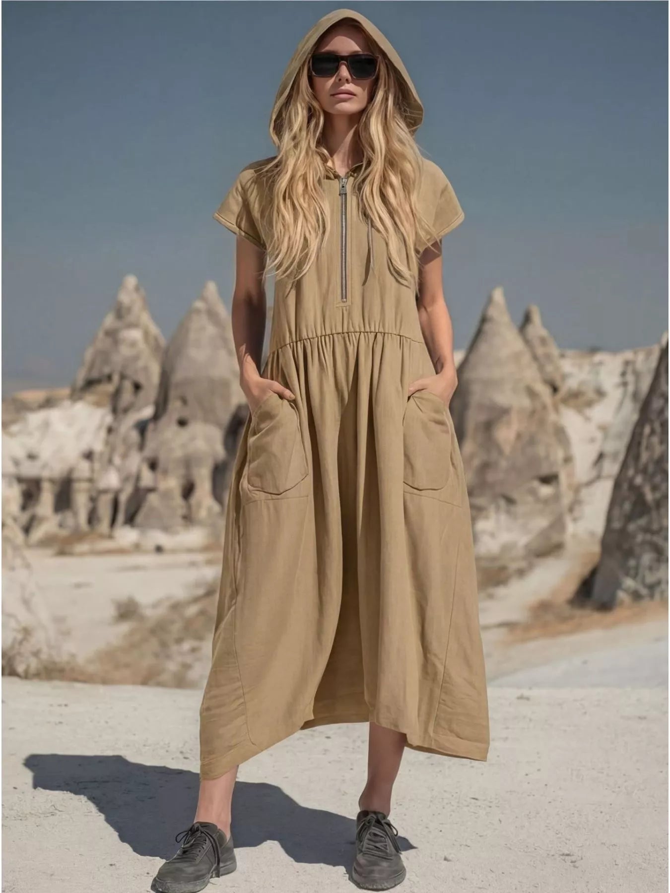 Plus size hooded midi dress with zipper and pockets from Shopimist, featuring a relaxed fit and casual style in the image.