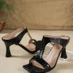 Women's open toe flare heel sandals with faux leather straps and high heel, stylish and comfortable for summer wear.