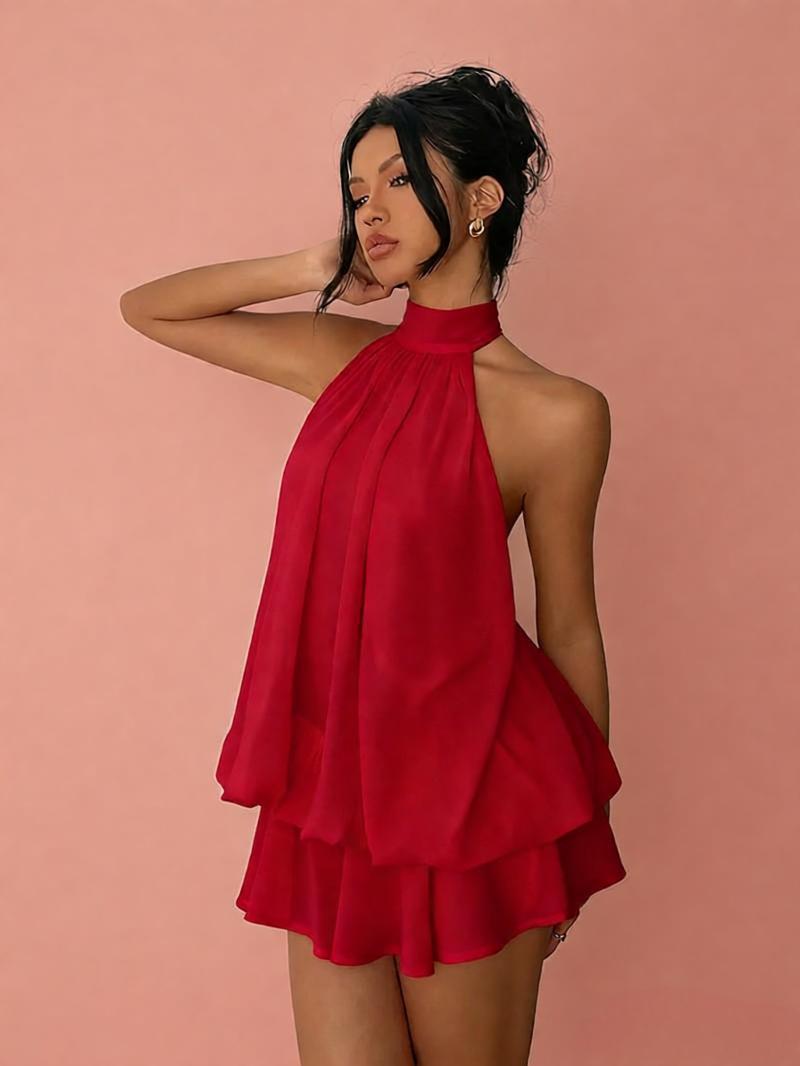Women's chiffon halter mini dress with high waist, open back, and A-line silhouette from Plush Fashion Hub.