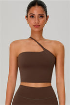 Fitglutes activewear two-piece set with one-shoulder crop top and matching shorts, ideal for gym and workout activities