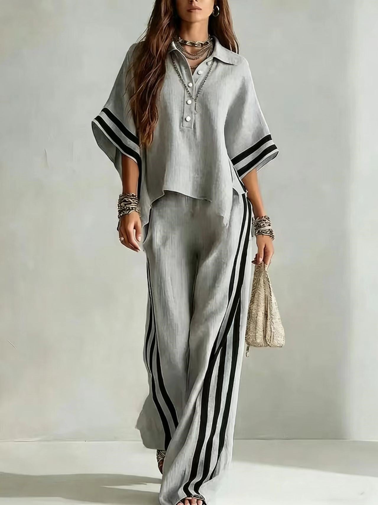 Women's short-sleeve shirt and loose pants two-piece set from Plush Fashion Hub, featuring comfortable, casual summer outfit.