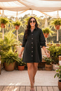 Women's three-quarter sleeve denim dress with ruffle details, mid-length style by FitiqueFit, shown on a model.
