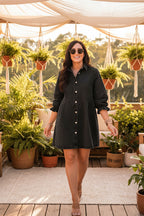 Women's three-quarter sleeve denim dress with ruffle details, mid-length style by FitiqueFit, shown on a model.