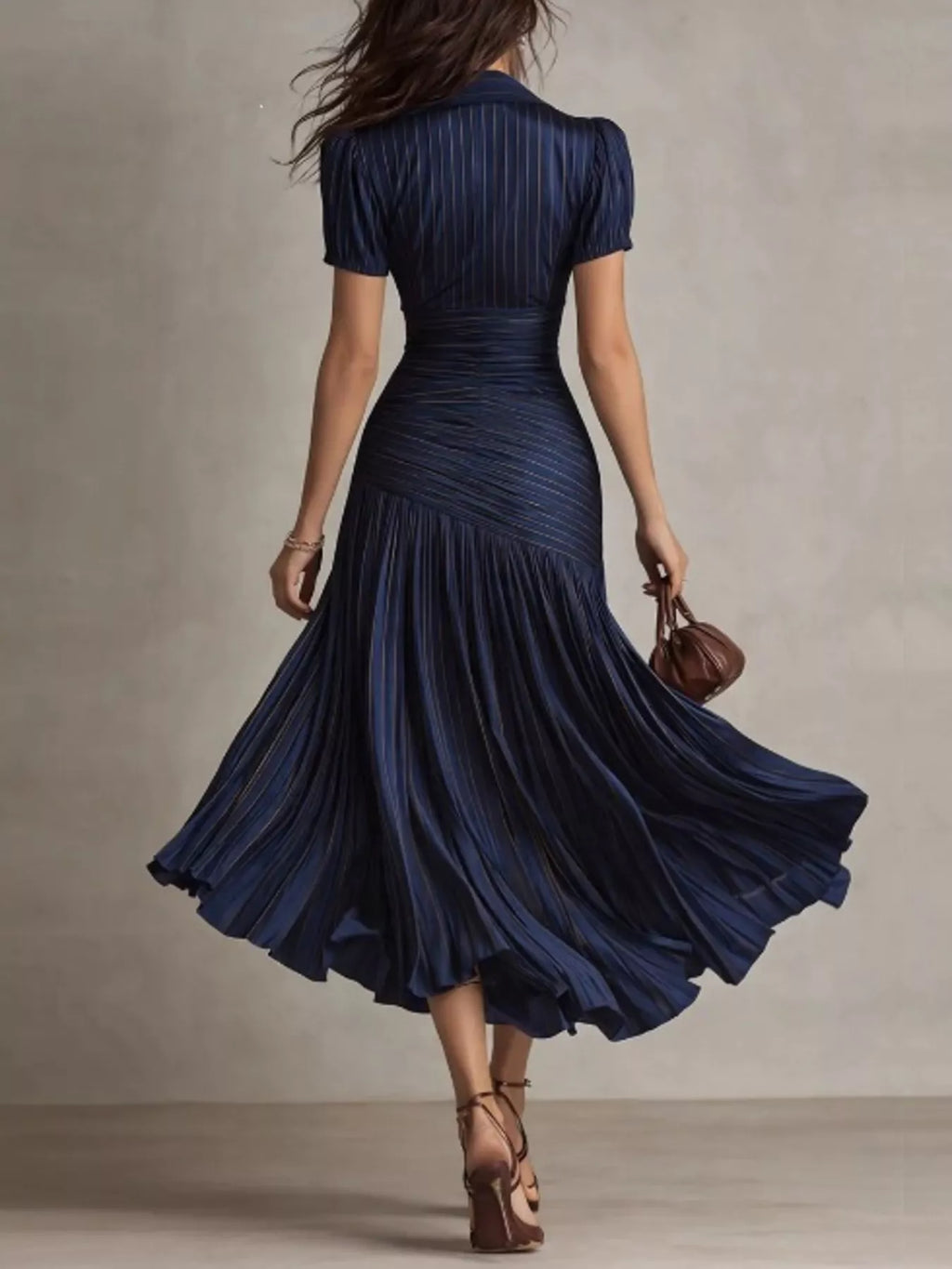 Striped pleated short sleeve midi dress by Trendsi, featuring a flowy design and stylish pattern, perfect for casual or semi-formal wear.