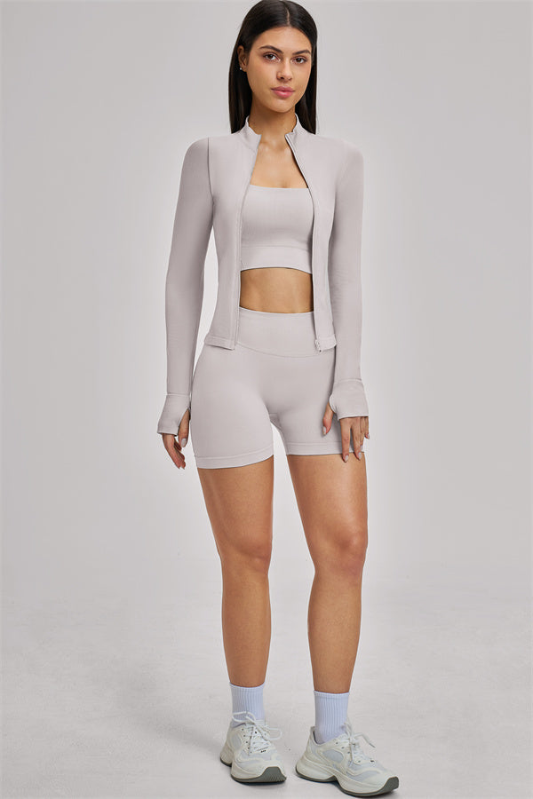 Fitglutes Activewear The Vision Jacket sports bra and shorts 3-piece set, shown in black, perfect for gym workouts and activewear.